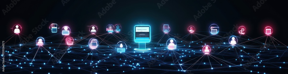 Poster Networked users connected to a central screen, data flow, glow.