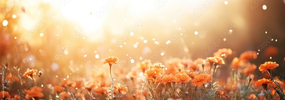 Aufkleber orange poppy field glows with sunlight and bokeh sparkles.