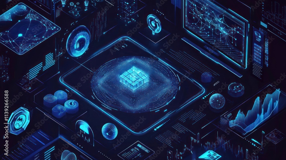 Aufkleber Blue futuristic isometric tech display with charts and glowing icons.