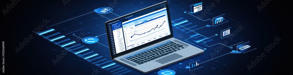 Poster Laptop displays charts, linked to data with blue grid background.