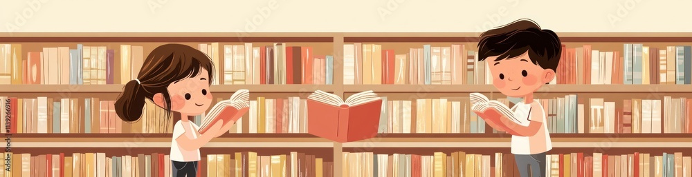 Poster kids reading books in library with many shelves and floating book.
