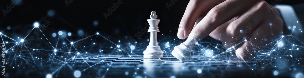 Poster hand moves chess piece on digital network backdrop.