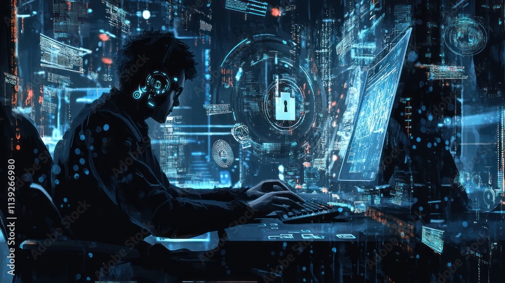 Poster Man sits before monitor with technology graphics.