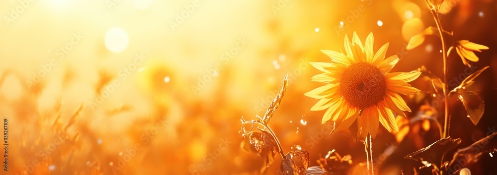 Poster Sunlit sunflower field with bokeh and soft light.