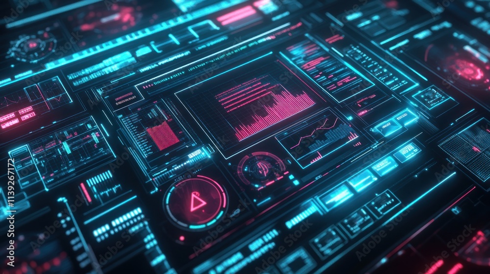 Aufkleber futuristic interface with glowing blue and red data.
