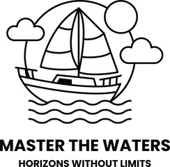 A sailboat is shown in the water with a sun in the background