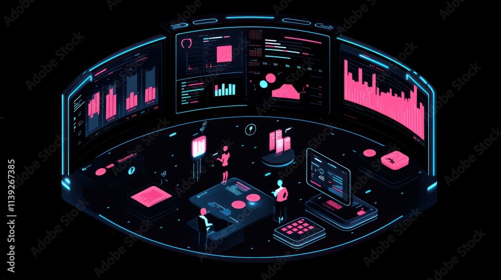 Poster Illuminated futuristic control room with data analysis.