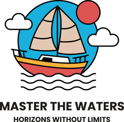 A sailboat is shown in the water with a sun in the background