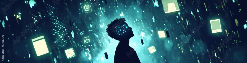 Poster man in digital world with icons.