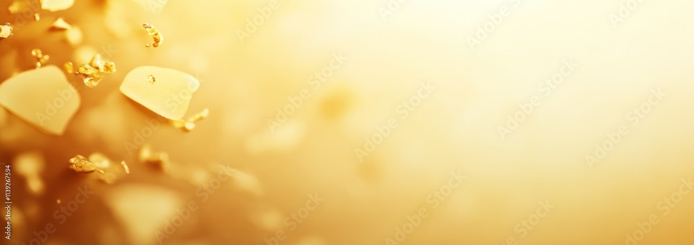 Poster golden flakes float on blurry amber gradient background.
