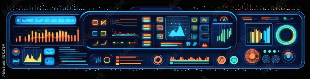 Leinwandbilder Complex display with data graphs,  charts and gauges on dark background.