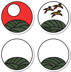 8月のステッカーシンプル円形花札アイコンセット