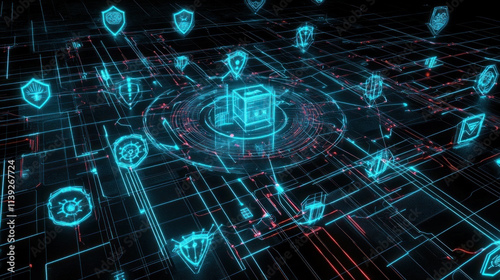 Aufkleber Glowing box surrounded by security icons in techy grid.