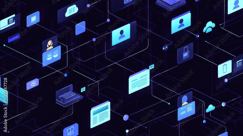 Poster Isometric connected network with interface icons on dark background.
