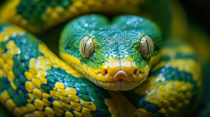 Closeup of a Vibrant Green and Yellow Snake