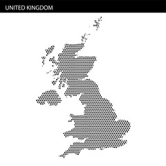 Map outline of the United Kingdom created with hexagonal dotted pattern on white background