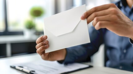 Distressed man sitting at desk holding letter symbolizing layoff notice, reflecting emotional response to job loss in professional office setting.