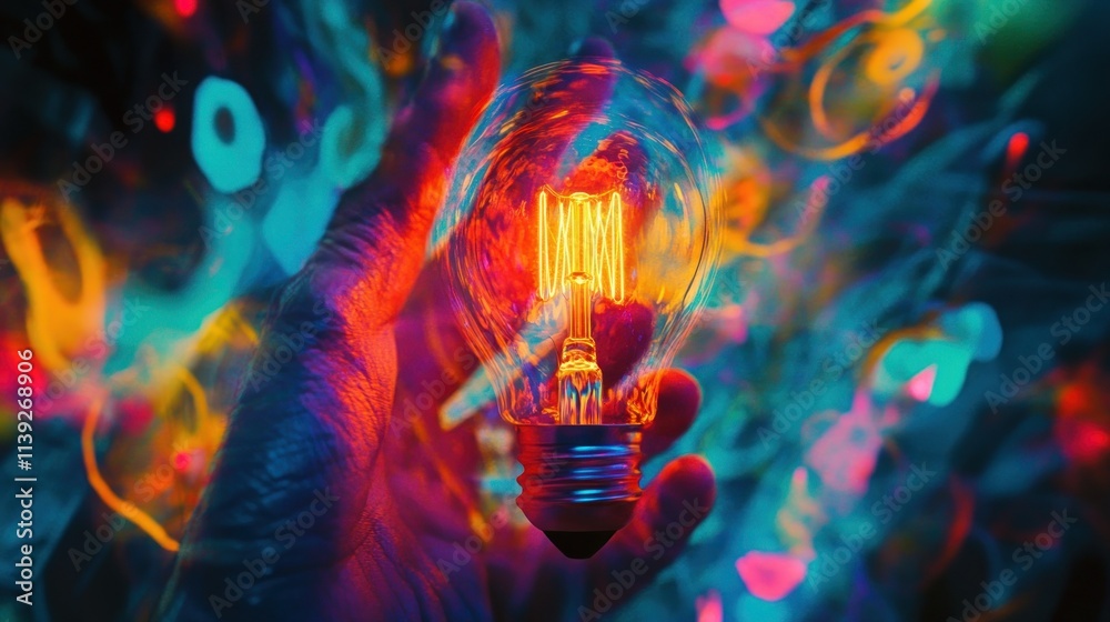 Poster hand holds lit bulb with colorful, abstract light effect background.