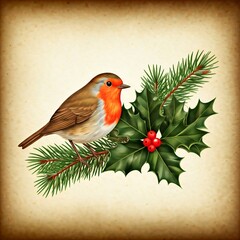 An illustration of a robin perched on a pine branch with holly leaves and red berries on an aged paper background.