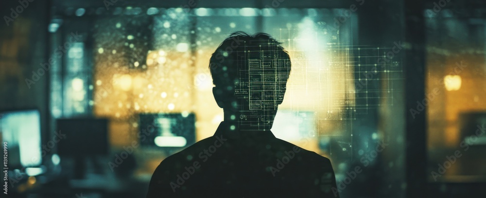 Aufkleber silhouette man with data overlay in office.