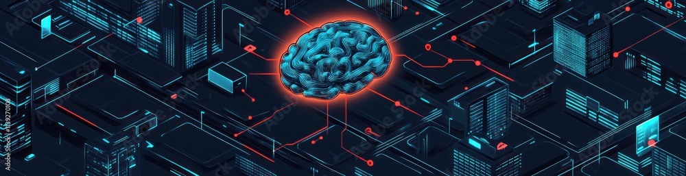 Poster glowing brain on circuit board background.