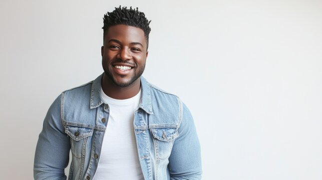 Playful Man in Casual Denim Jacket with Bright Smile Against Wall