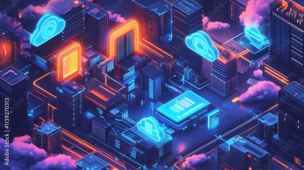Poster isometric neon city with data flow and clouds.