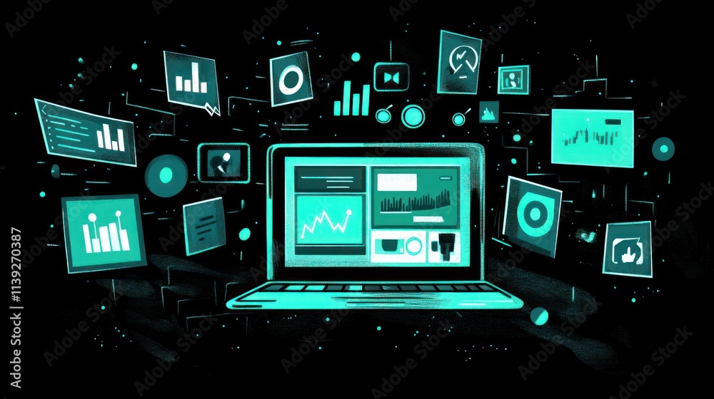 Poster floating data dashboards on a laptop against a black background.