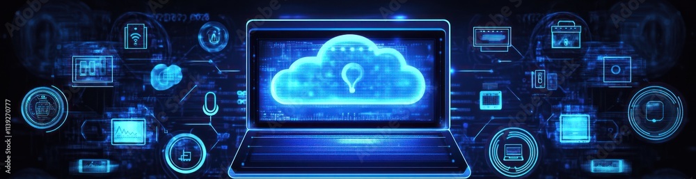 Poster Cloud computing with laptop and various icons overlayed.