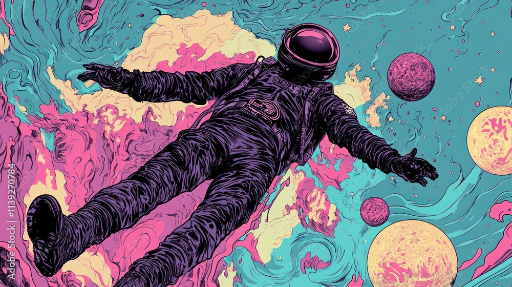 Poster Astronaut floating in vibrant space with planets.