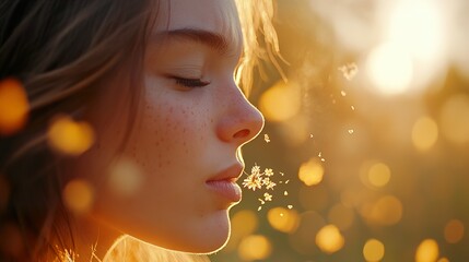 Fototapeta premium Woman Blowing Flower Seeds at Sunset, Golden Hour Portrait