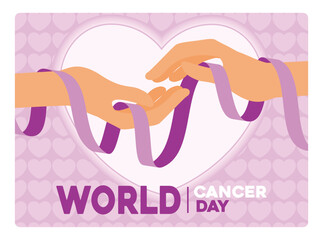 World Cancer Awareness Day with purple hands and ribbon.