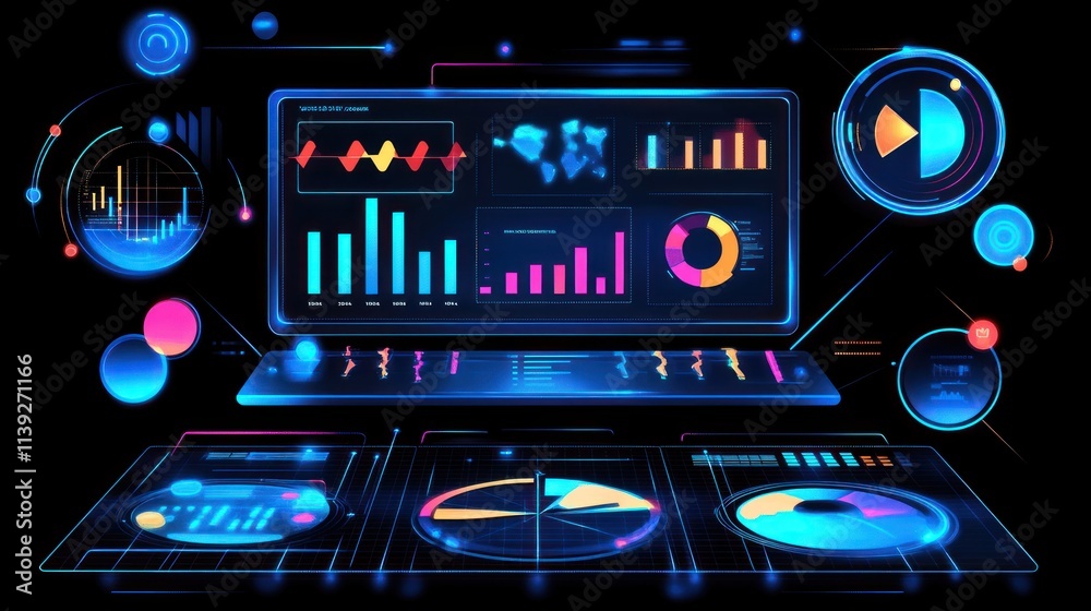 Aufkleber Futuristic neon data dashboard displaying graphs and charts.