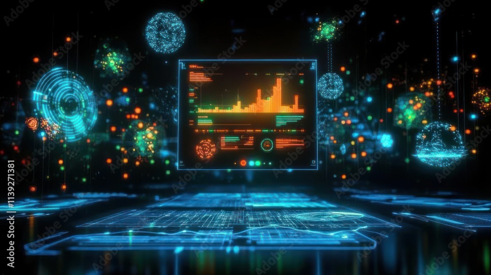 Aufkleber Data charts on screen, futuristic interface, and abstract particles.
