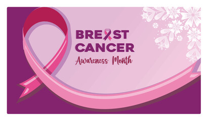 Breast cancer awareness month banner with pink ribbon and floral design.