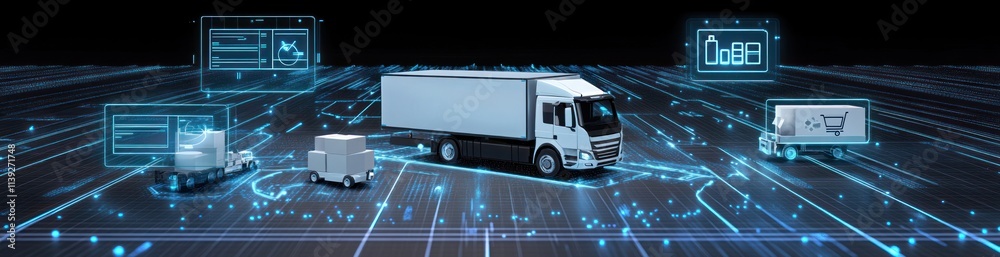 Poster cargo trucks move in digital network with screen interfaces.