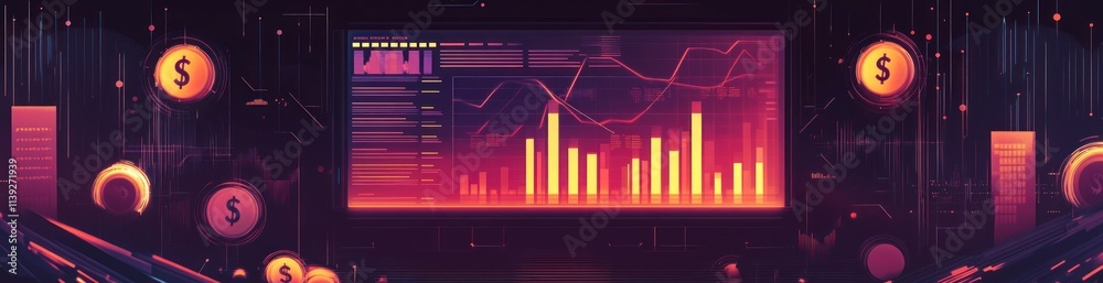 Poster financial chart with data and dollar symbols on dark digital background.