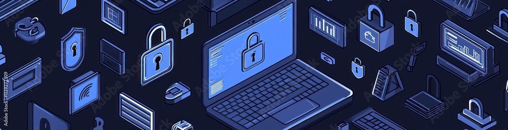 Poster isometric data security scene with padlocks, computer, and shield.