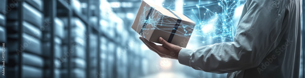Poster Man holds box with network overlay, warehouse background.