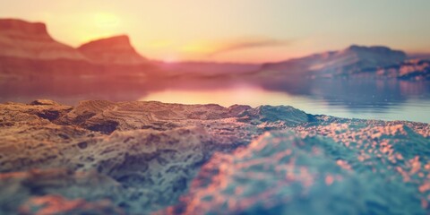 Naklejka premium Sunset over Rocky Mountains and Serene Lake: A Peaceful Landscape