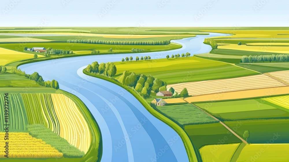 Poster aerial view of river flowing through green fields and farms.