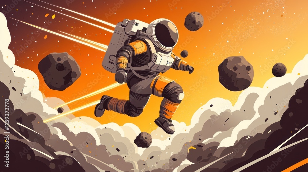 Poster Astronaut running through a cloud of space rocks with an orange background.