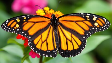 Naklejka premium Beautiful Monarch Butterfly Perched on Vibrant Flower Petals