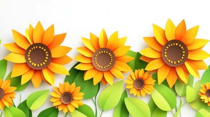 Paper art sunflowers on white, bright.