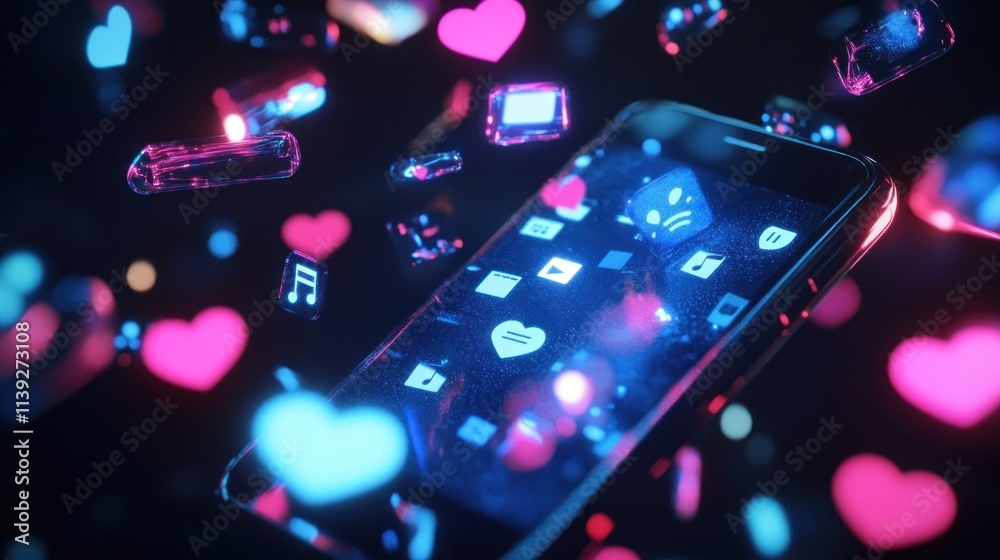 Poster smartphone with floating love hearts and icons in a dark space.