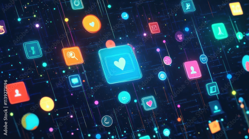 Poster Abstract network with colorful app icons and glowing dots.