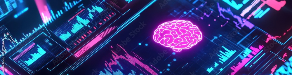 Poster neon brain with data charts, grid on a dark backdrop.