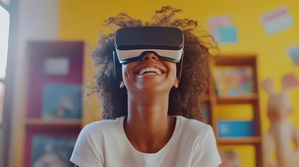 Fototapeta premium A happy teacher helps her students discover new worlds through virtual reality in education, creating immersive and interactive lessons