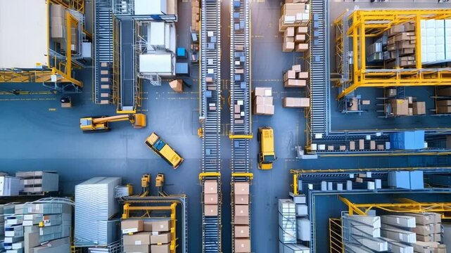 Modern manufacturing plants showcase forklifts and robotic arms efficiently moving packages along conveyor belts, highlighting advancements in automation and logistics