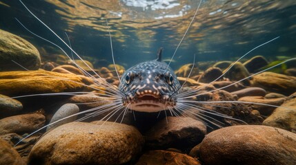 Underwater view of whiskered fish between stones.